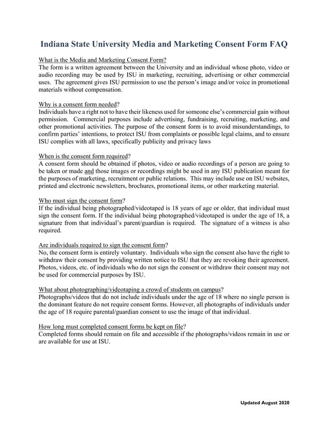 Indiana State University Media And Marketing Consent Form FAQ screenshot
