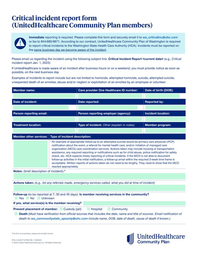 Critical Incident Report Form (UnitedHealthcare Community Plan Members) screenshot
