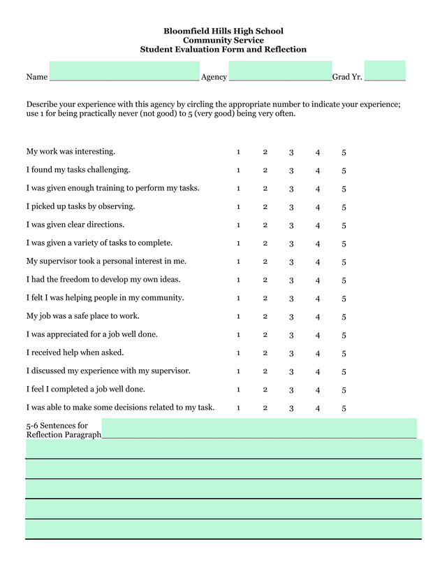 Community Service Student Evaluation Form And Reflection screenshot