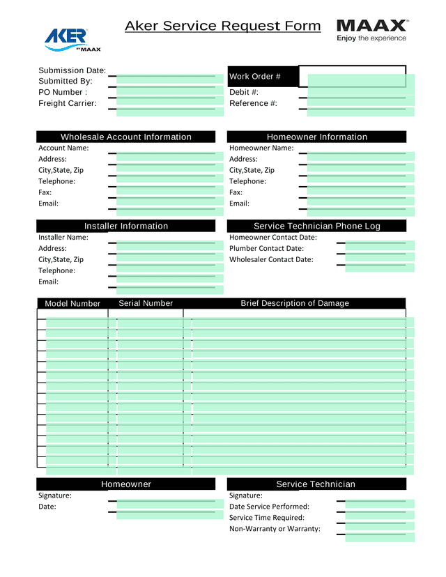 Aker Service Request Form screenshot