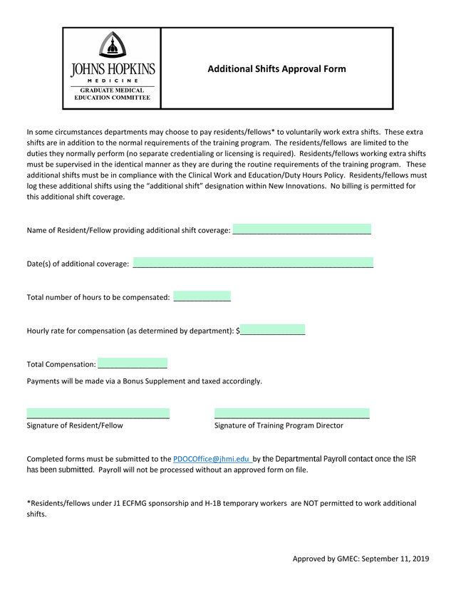 Additional Shifts Approval Form screenshot