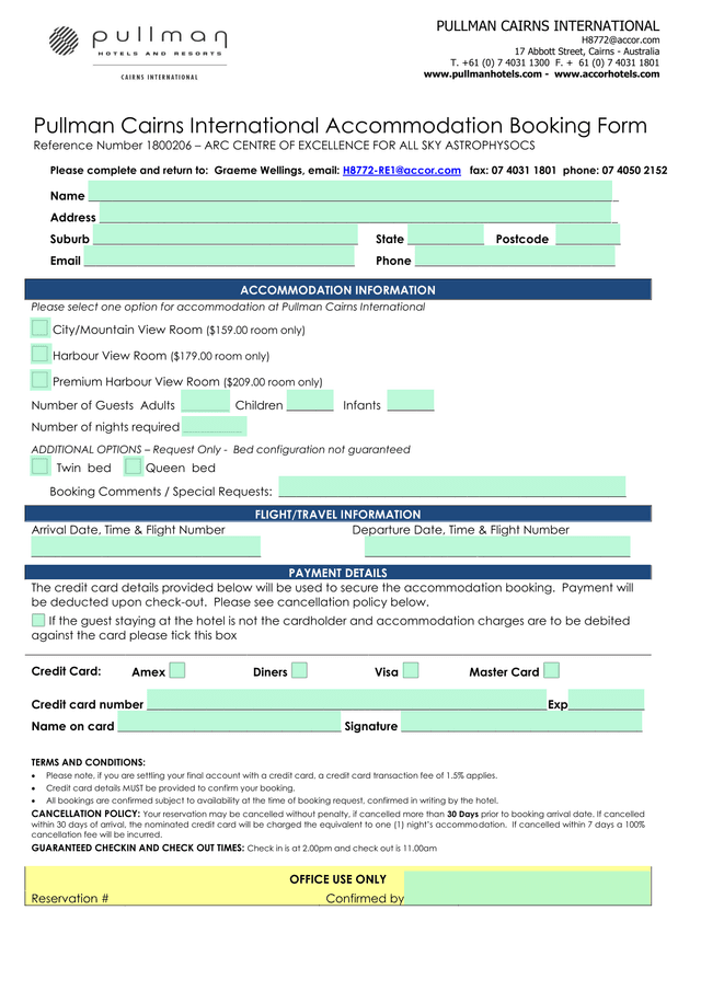 Pullman Cairns International Accommodation Booking Form screenshot