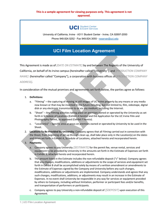 UCI Film Location Agreement screenshot