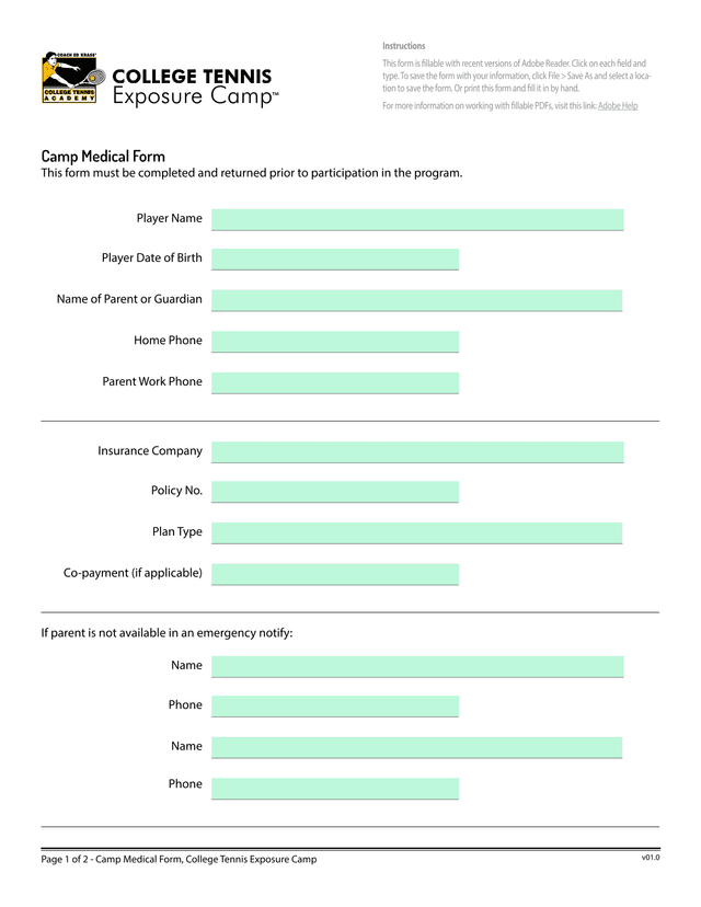 Camp Medical Form, College Tennis Exposure Camp screenshot