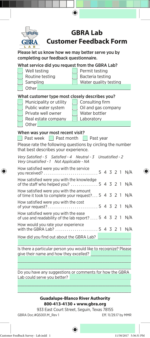 GBRA Lab Customer Feedback Form screenshot