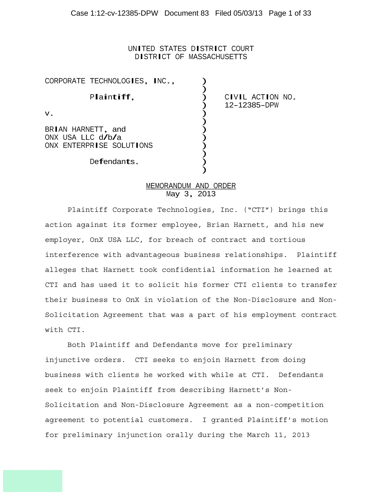 Corporate Technologies, Inc. V. Brian Harnett And OnX USA LLC screenshot