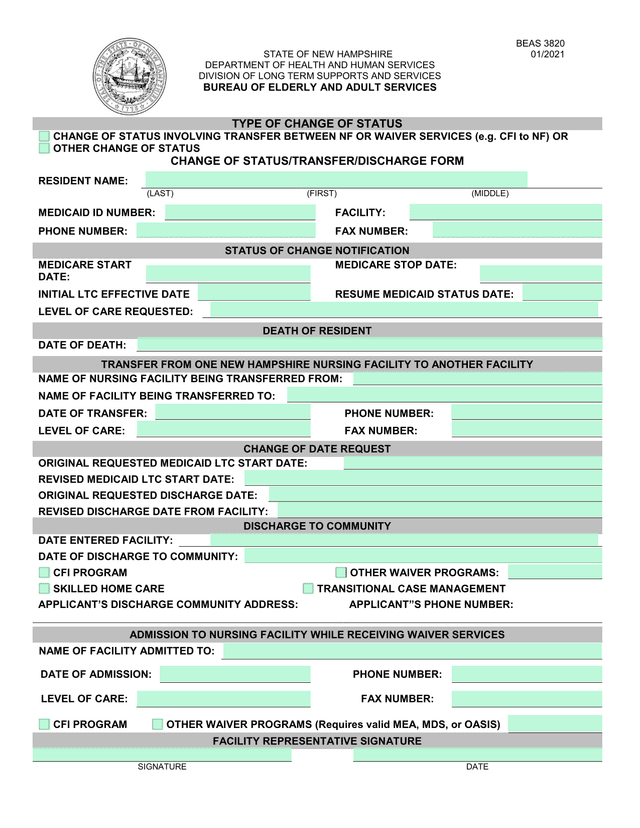 CHANGE OF STATUSTRANSFERDISCHARGE FORM screenshot