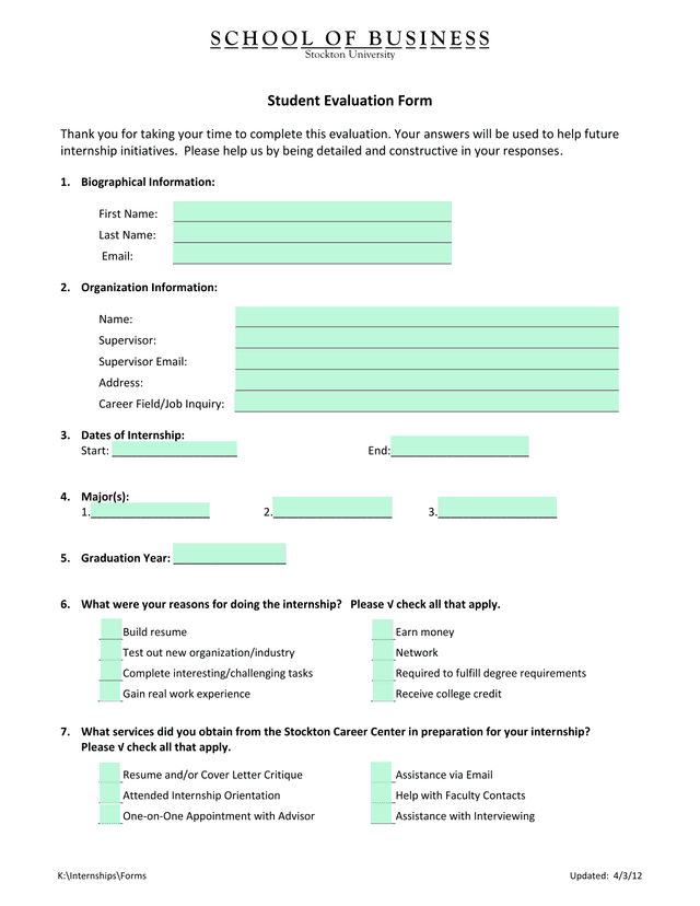 Student Evaluation Form screenshot