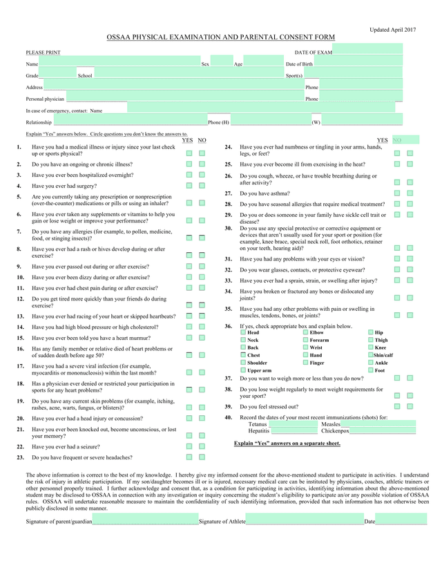 OSSAA Physical Examination And Parental Consent Form screenshot