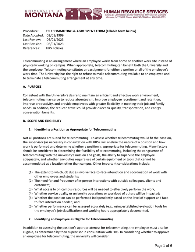 Telecommuting  Agreement Form screenshot