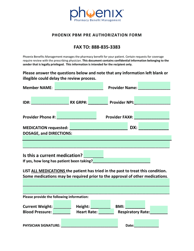 Phoenix PBM Pre Authorization Form screenshot