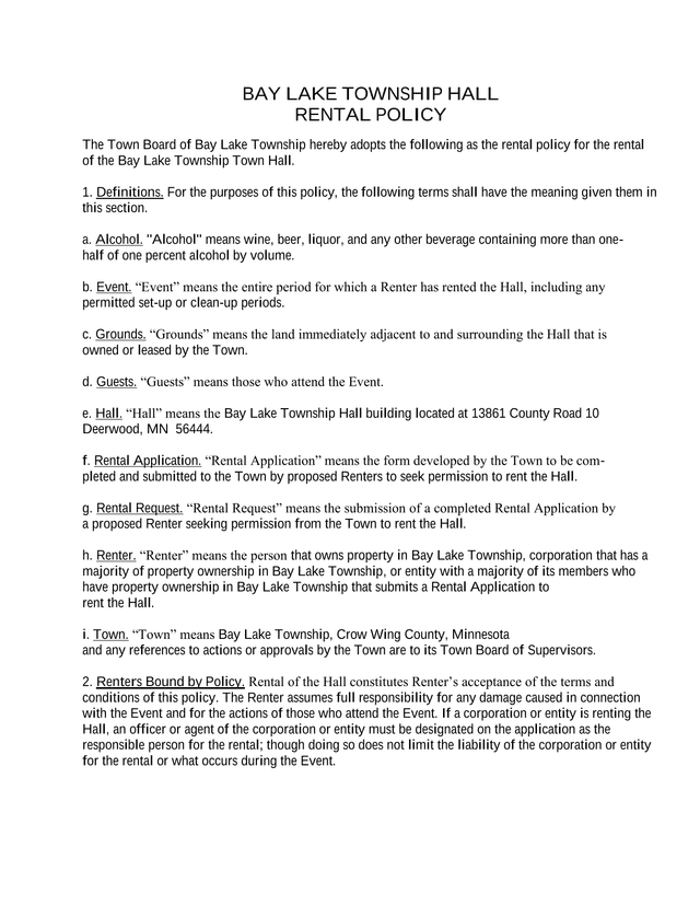 Bay Lake Township Hall Rental Policy screenshot
