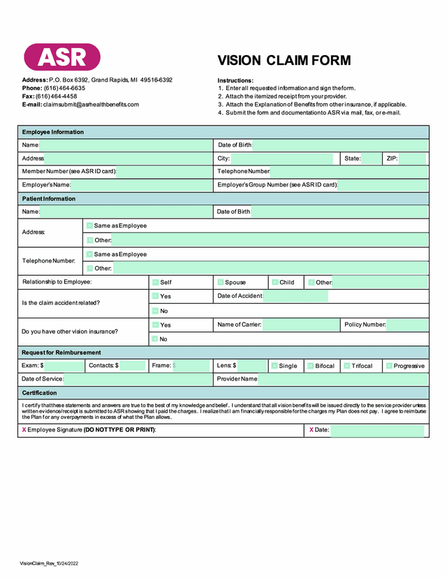 Vision Claim Form screenshot