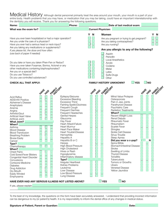 Medical History Form screenshot