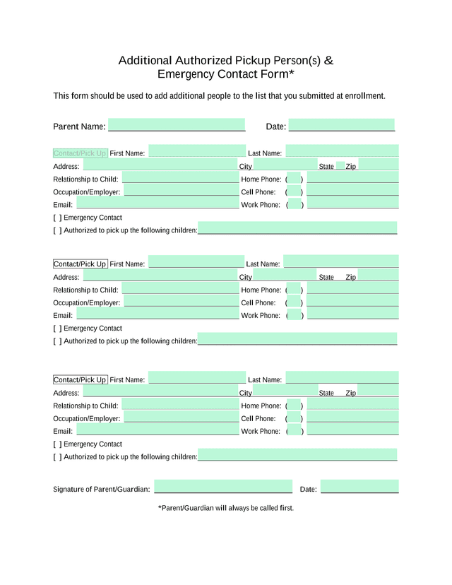 Additional Authorized Pickup Person(S)  Emergency Contact Form screenshot