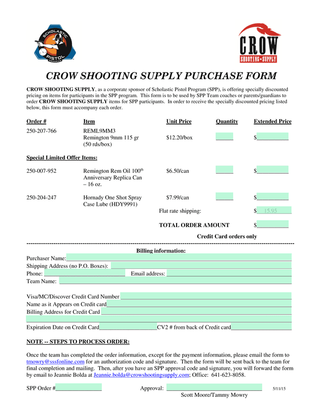 CROW SHOOTING SUPPLY PURCHASE FORM screenshot