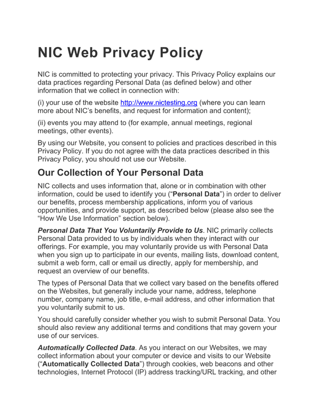 NIC Web Privacy Policy screenshot