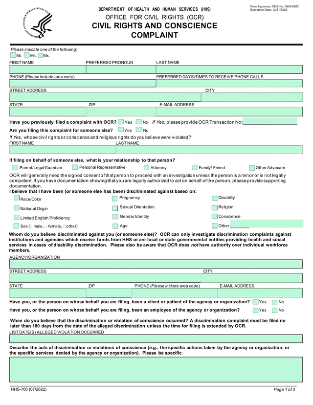 Civil Rights And Conscience Complaint screenshot