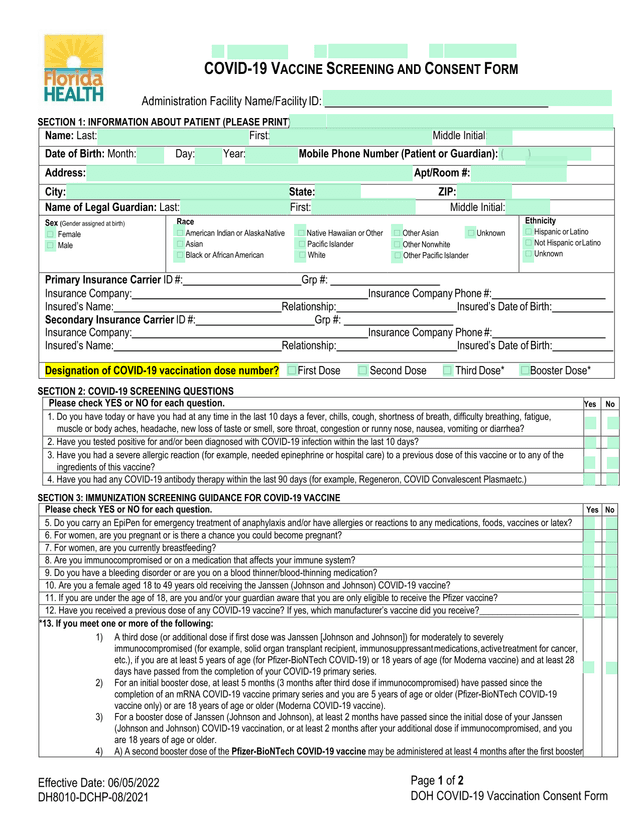 DOH COVID 19 Vaccination Consent Form screenshot