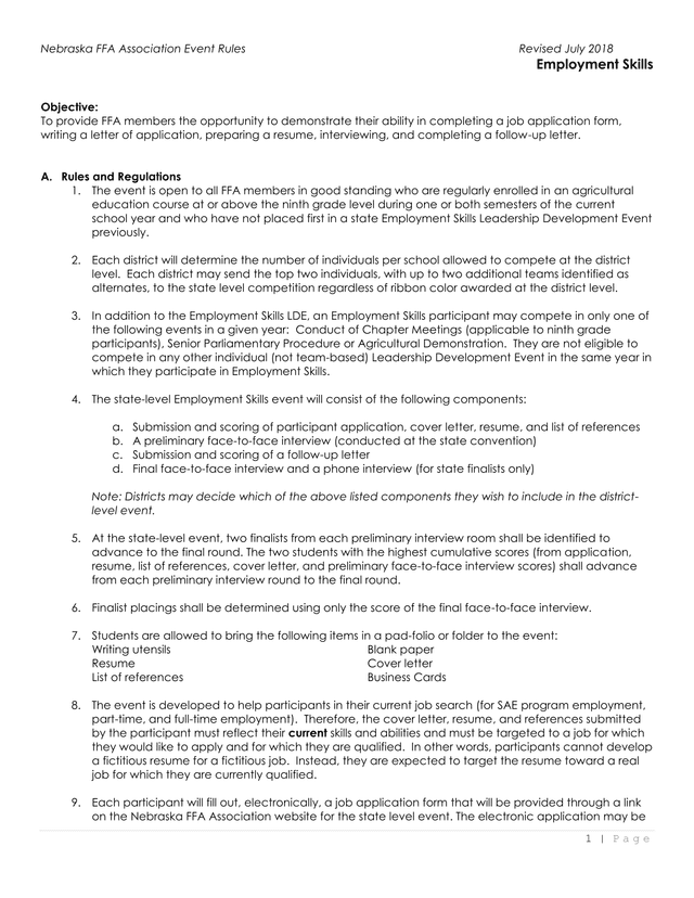 Nebraska FFA Association Event Rules Employment Skills screenshot