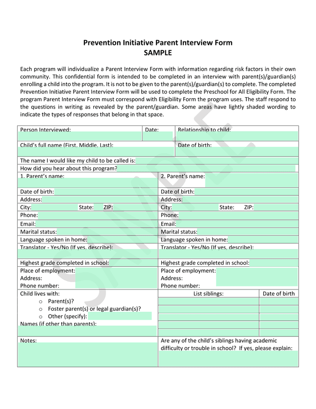 Prevention Initiative Parent Interview Form screenshot