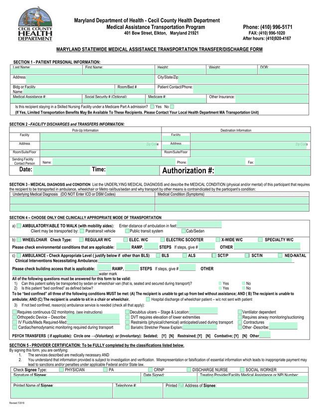 Maryland Statewide Medical Assistance Transportation TransferDischarge Form screenshot