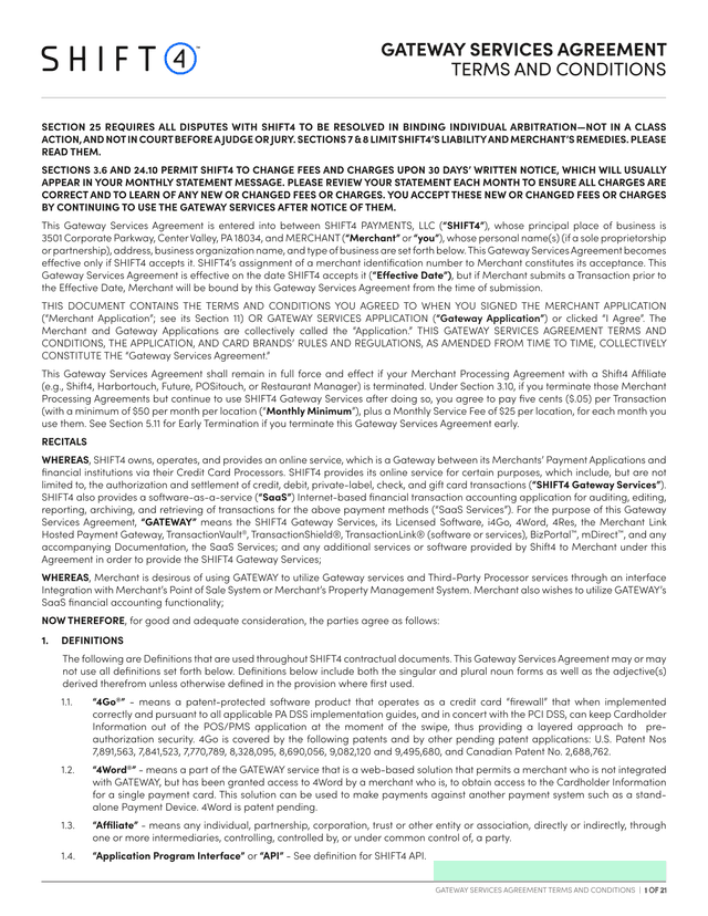 GATEWAY SERVICES AGREEMENT TERMS AND CONDITIONS screenshot