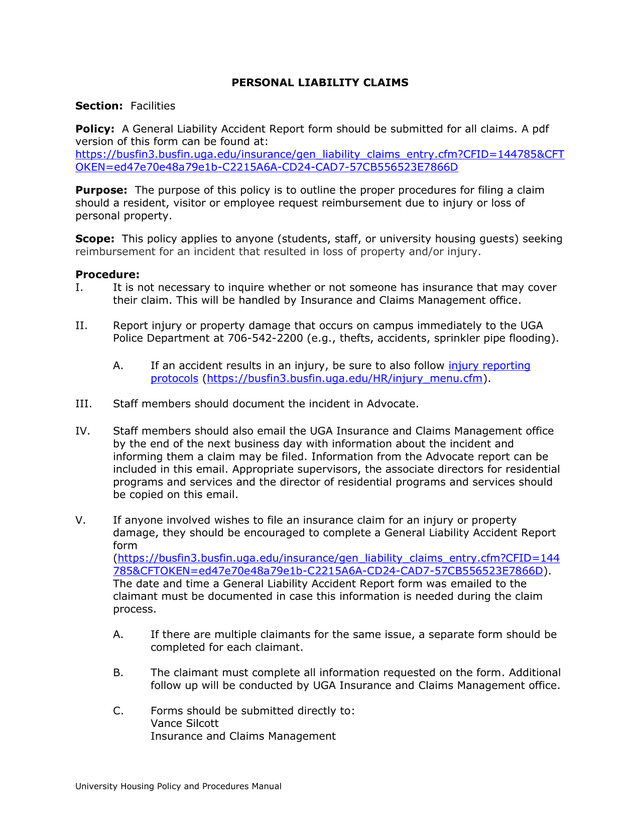 University Housing Policy And Procedures Manual   Personal Liability Claims screenshot