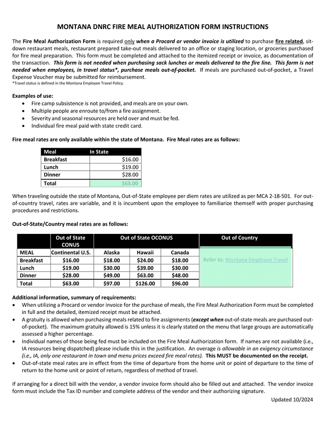 MONTANA DNRC FIRE MEAL AUTHORIZATION FORM INSTRUCTIONS screenshot