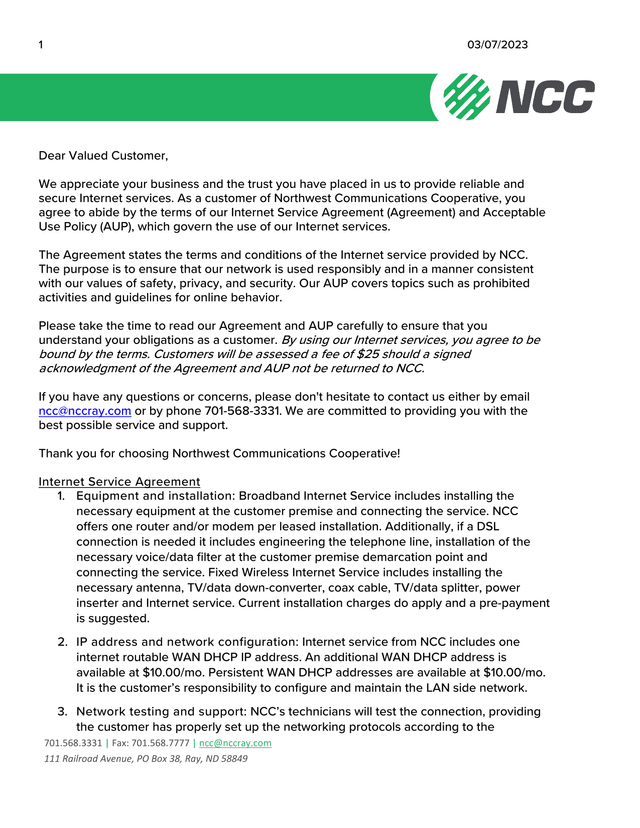 Internet Service Agreement screenshot