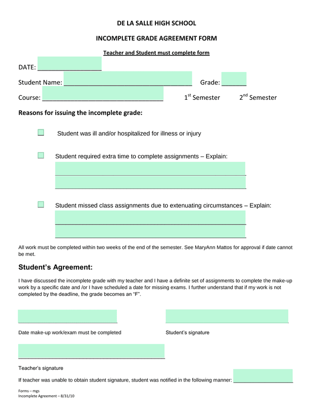 Incomplete Grade Agreement Form screenshot