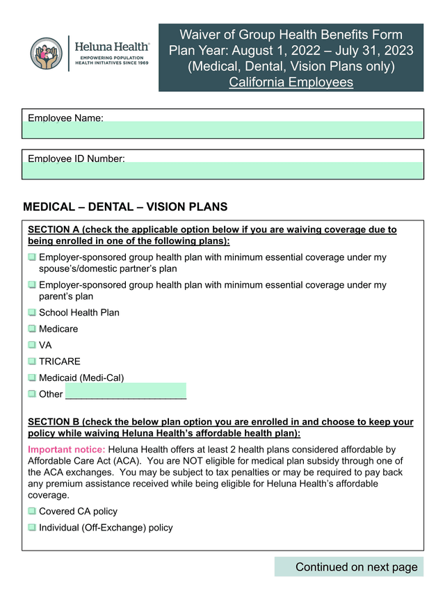 Waiver Of Group Health Benefits Form screenshot