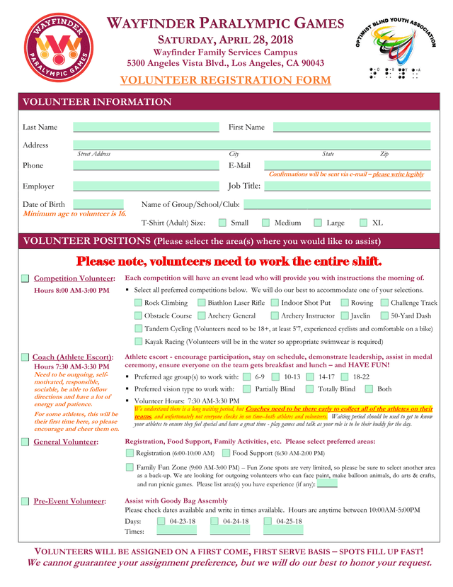 Wayfinder Paralympic Games Volunteer Registration Form screenshot