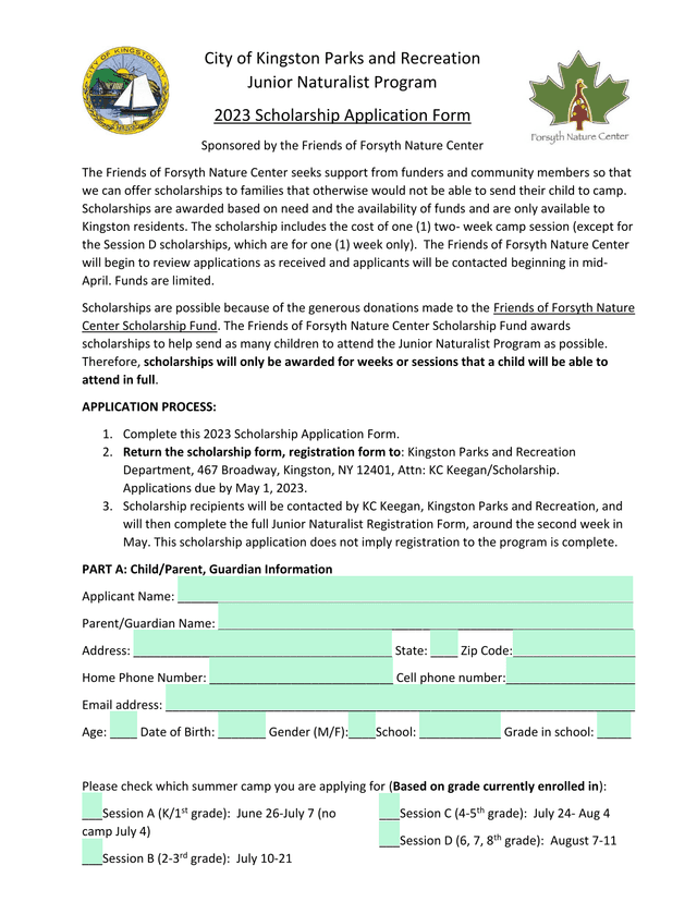 Junior Naturalist Program 2023 Scholarship Application Form screenshot