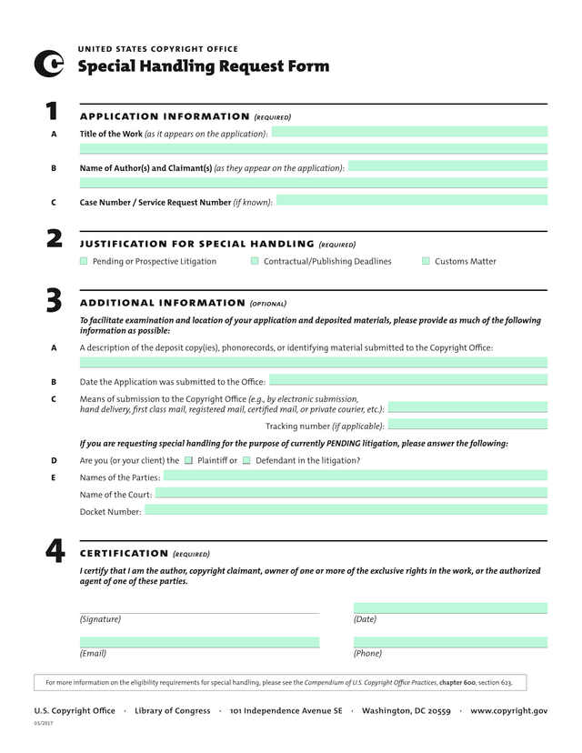 Special Handling Request Form screenshot
