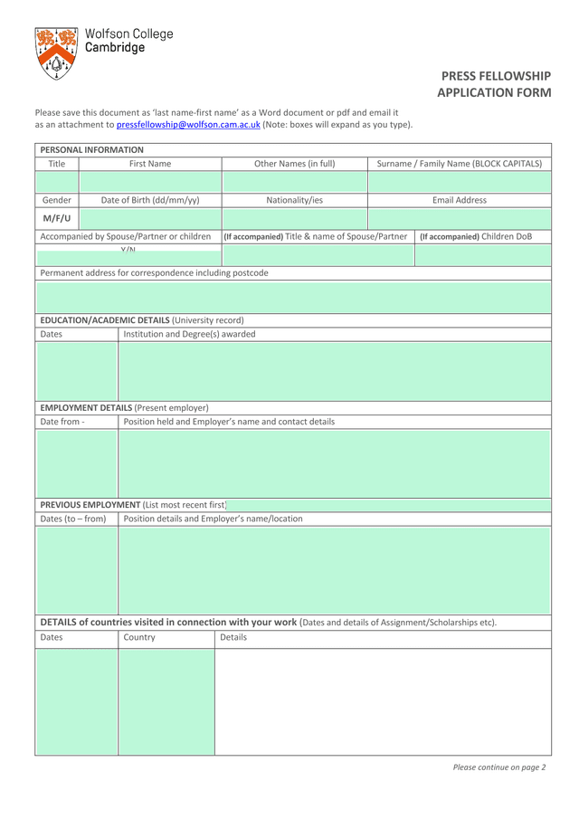 PRESS FELLOWSHIP APPLICATION FORM screenshot