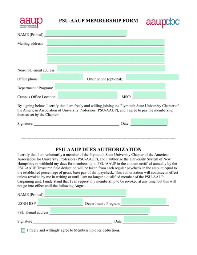 PSU AAUP Membership Form screenshot