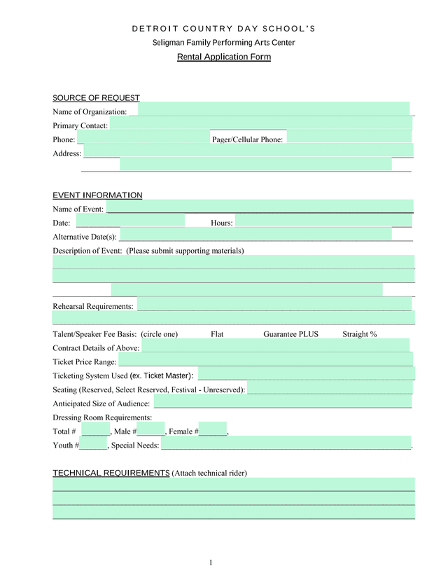 Detroit Country Day SchoolS Seligman Family Performing Arts Center Rental Application Form screenshot