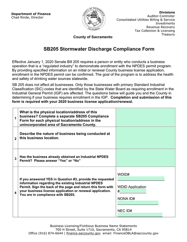SB205 Stormwater Discharge Compliance Form screenshot