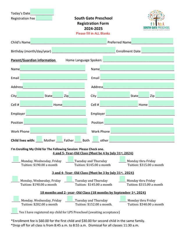 South Gate Preschool Registration Form screenshot