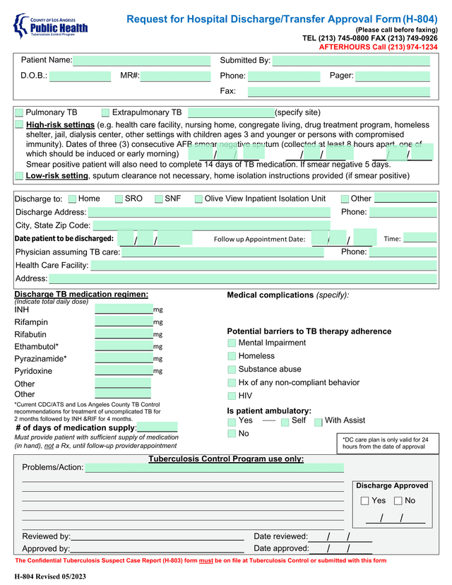 Request For Hospital DischargeTransfer Approval Form (H 804) screenshot