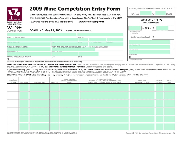 2009 Wine Competition Entry Form screenshot