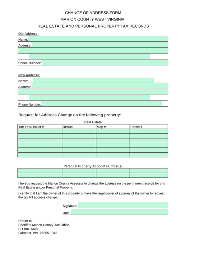 Change Of Address Form screenshot