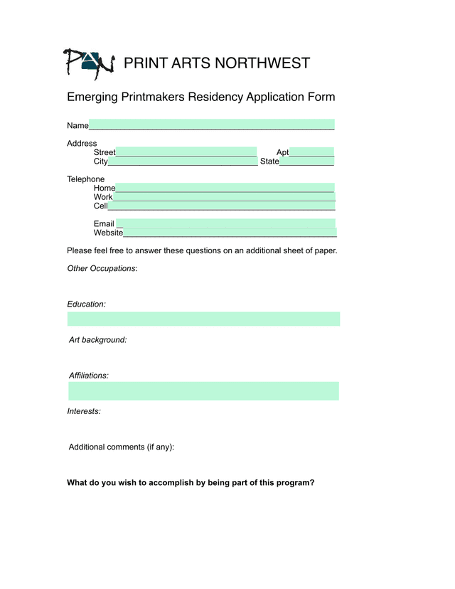 Emerging Printmakers Residency Application Form screenshot