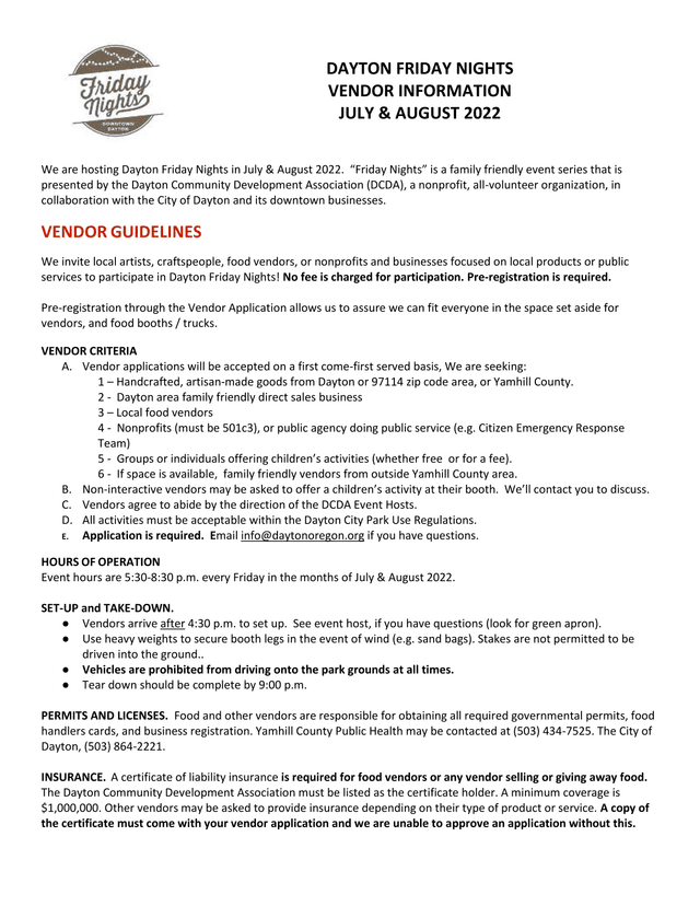 Dayton Friday Nights Vendor Information screenshot
