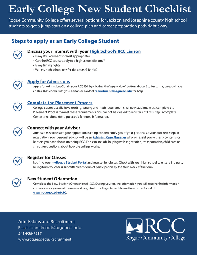 Early College New Student Checklist screenshot