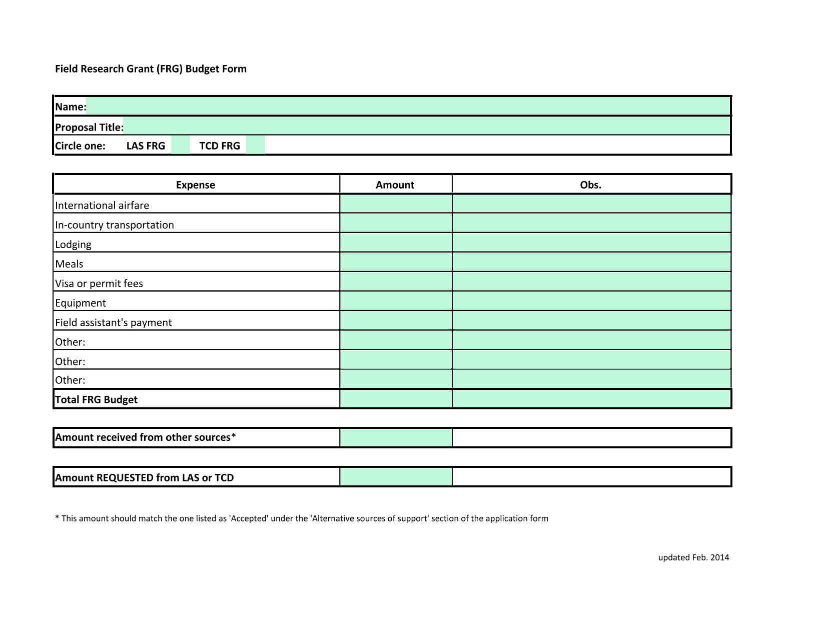 Field Research Grant (FRG) Budget Form screenshot