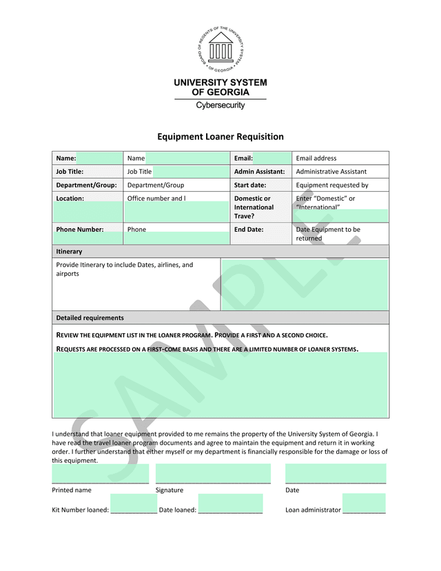 Equipment Loaner Requisition screenshot