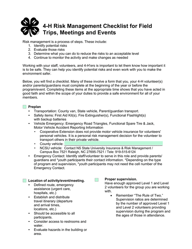 4 H Risk Management Checklist For Field Trips, Meetings And Events screenshot