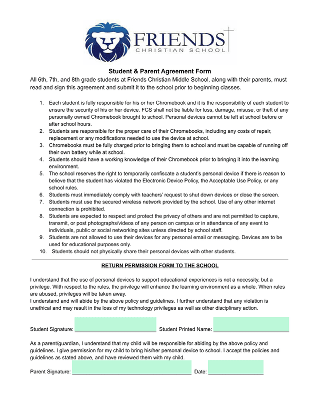Student  Parent Agreement Form screenshot